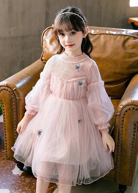 Affordable Women’s Fashion Cute Pink Ruffled Butterfly Patchwork Tulle Kids Girls Dresses Fall