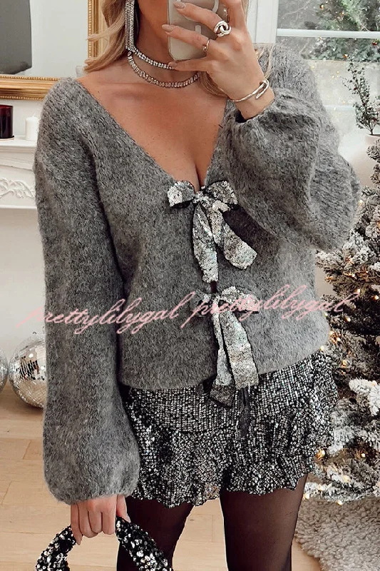 Browse Our Top Products Misty Starlight Tie Front Sequin Bow Loose Sweater