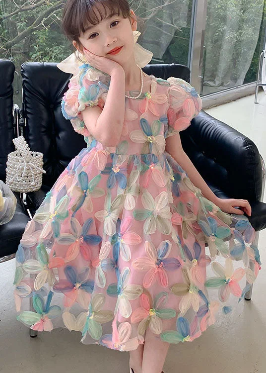 Trendy Women’s Dresses Online DIY Floral Wrinkled Patchwork Tulle Kids Girls Dresses Puff Sleeve