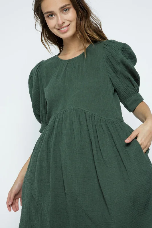 Hot Brand Discounts DUSTY GREEN PUFF SHORT SLEEVES FLARE BABYDOLL MINI DRESS MDR8648