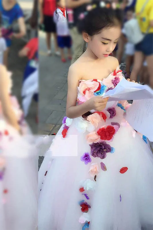 Fashionable Casual Tops Sweet Strapless White Flower Girl Dresses With 3D Flowers Princess Holiday Girl Dresses Girls Party Dresses