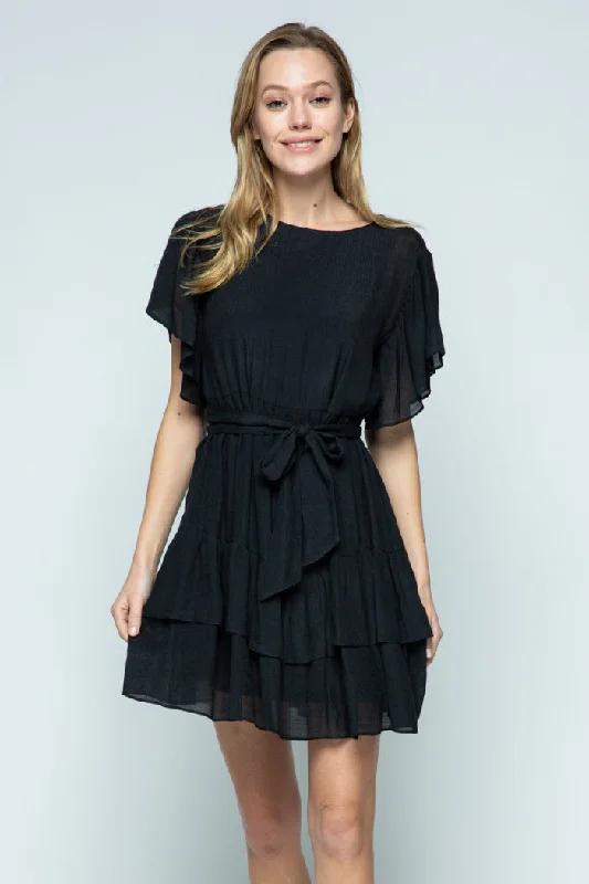 Huge Price Cut BLACK ROUND NECK RUFFLED SLEEVES AND HEM MINI DRESS MDR8251