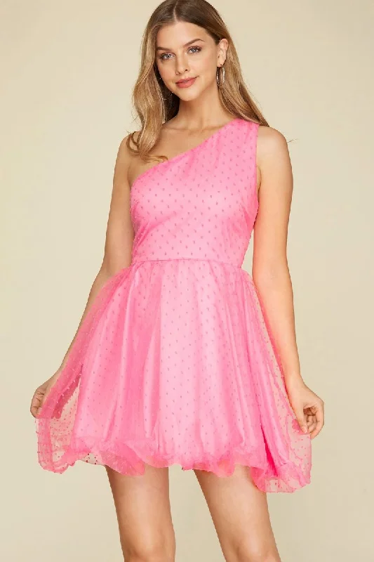 Casual Dresses for Women PINK POLKADOT ORGANZA ONE SHOULDER BALLOON HEM MINI DRESS S12SY4596