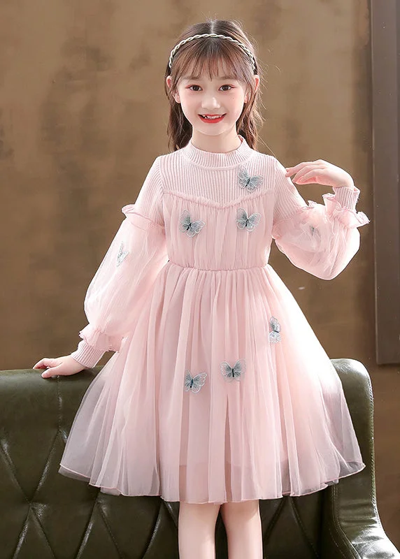 Comfy Women’s Outfits for Daily Wear Stylish Pink Butterfly Patchwork Tulle Baby Girls Dress Fall