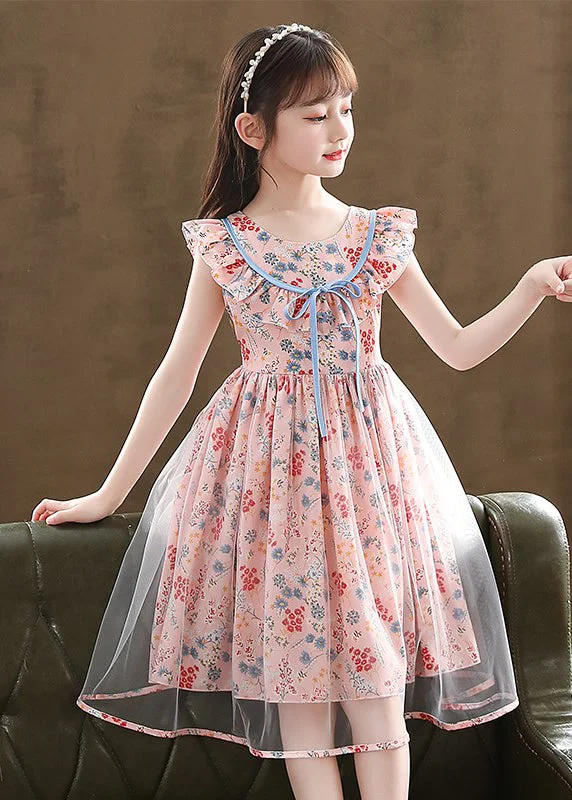 Women’s High Street Fashion Boutique Pink Cinched Print Tulle Kids Girls Robe Dresses Summer