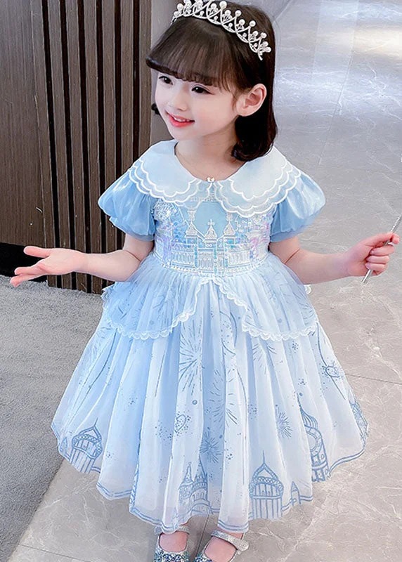 Crazy Discounts, Hurry Up Cute Blue Ruffled Patchwork Tulle Girls Vacation Long Dresses Summer