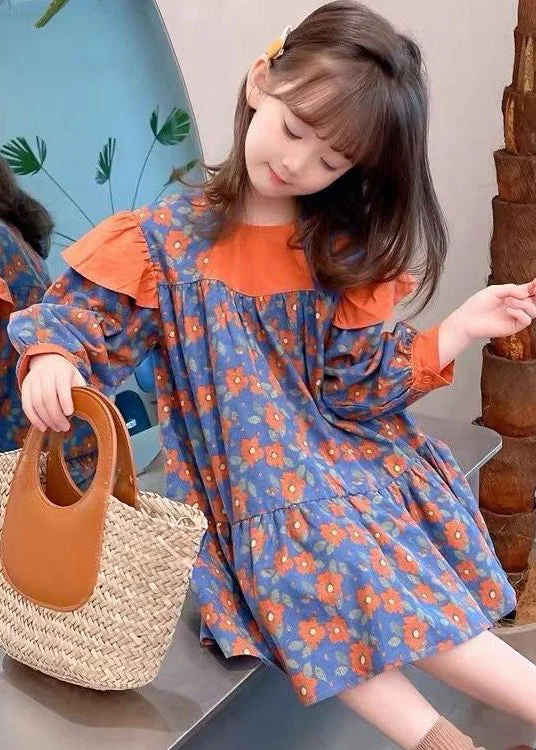 Must Haves Cute Orange O Neck Print Patchwork Cotton Girls Dress Fall