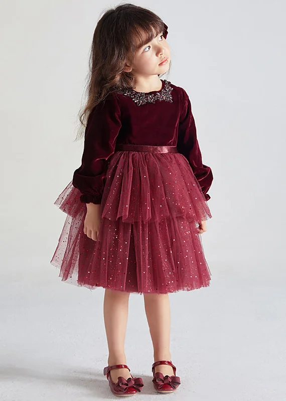 Seasonal Picks Cute Wine Red Ruffled Tulle Patchwork Warm Fleece Kids Girls Dress Fall