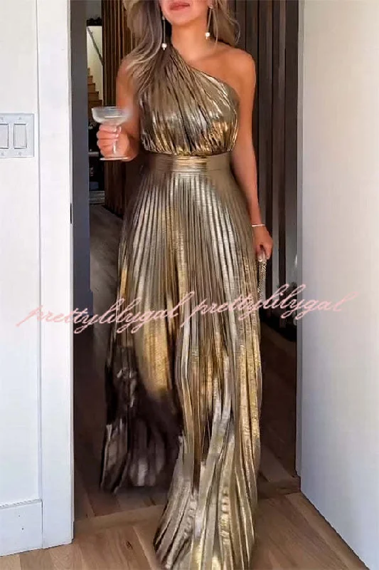 Fashion Forward Be My Guest Metallic Fabric Pleated One Shoulder Maxi Dress