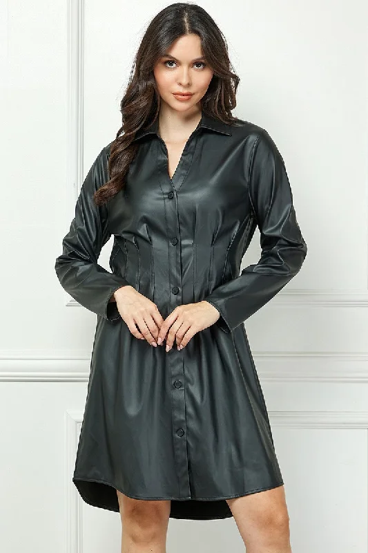 Everyday Women’s Fashion Trends BLACK FAUX LEATHER BUTTON DOWN LONG SLEEVES MINI DRESS AVD51909W