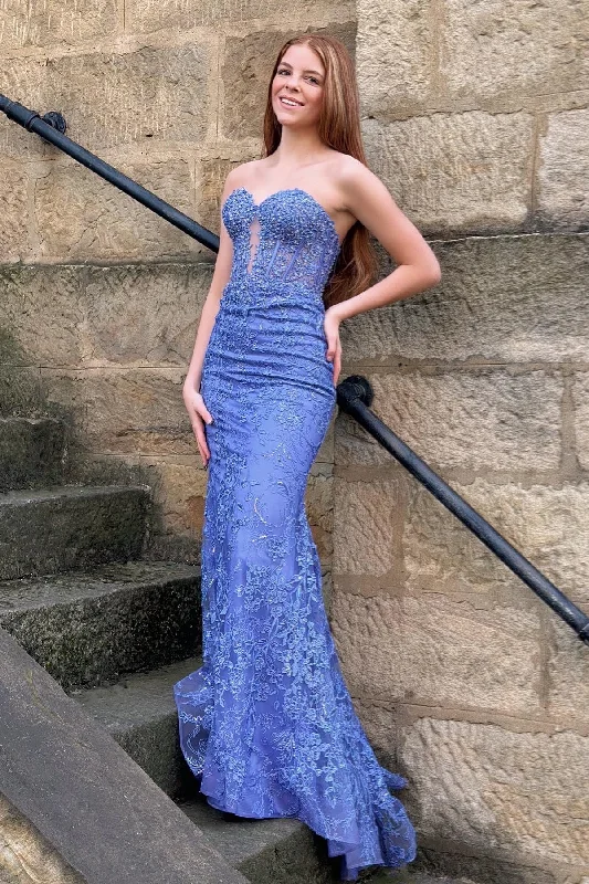 Budget-Friendly Fashion Periwinkle Strapless Floral Mermaid Long Prom Dress