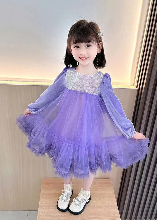 Flash Sale Starts Boutique Purple Sequins Ruffled Patchwork Tulle Kids Girls Robe Dresses Fall