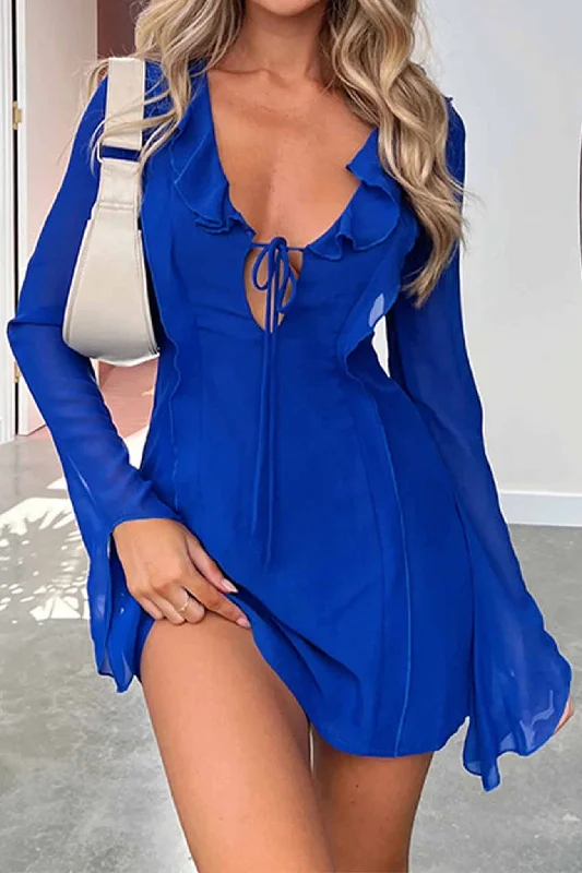 Elevate Your Wardrobe Ruffled Long Sleeved Lace Up Mini Dress