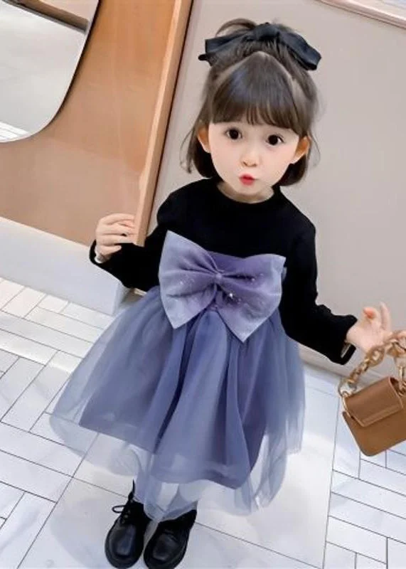 Daily Deals Lovely Black O Neck Tulle Bow Patchwork Warm Fleece Kids Girls Dresses Fall