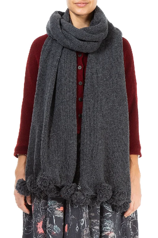 Street Style Fashion Pom-Pom Edge Dark Grey Wool Scarf