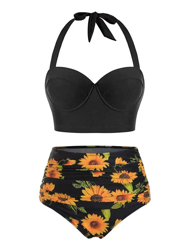 Trendy Online Boutiques Halter Sunflower Pleated Bikini Set