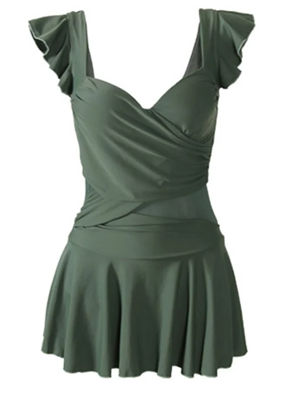 Comfortable Casual Women’s Clothing Green 1940s Solid One-Piece Swimsuit