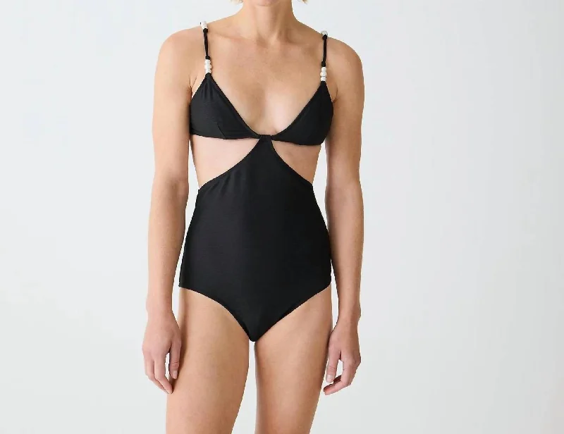 Trendy Street Style Ribbed Cutout One-Piece Swimsuit With Pearls In Black