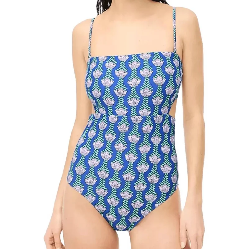 Vibrant Styles Printed Cutout One-Piece Swimsuit In Blue Multi