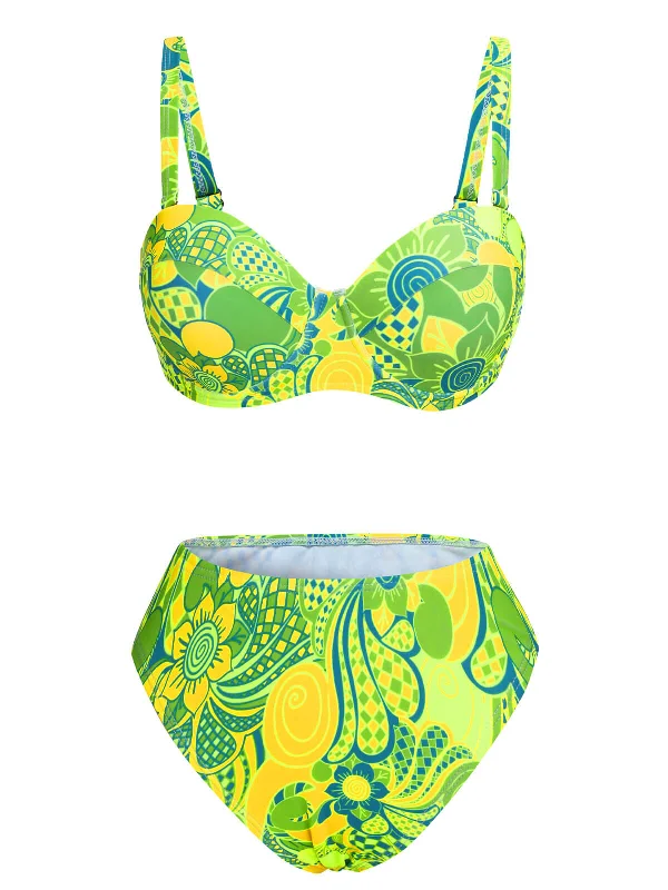 Season Sale Fluorescent Green 1950s Floral Bikini Set