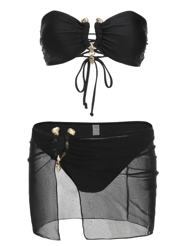 Unbeatable Prices Black 1950s Solid Bikini Set With Skirt