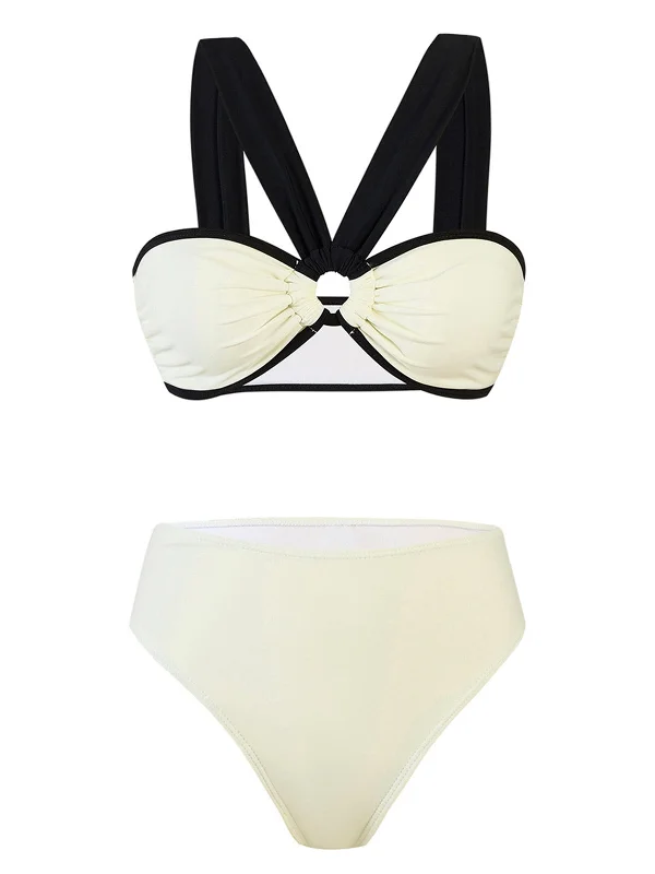 Sale Clothes Online White 1950s Colorblock Wide-Straps Swimsuit