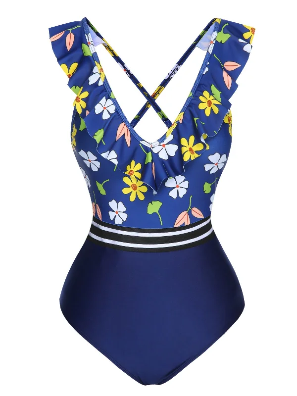 Casual Chic Blue 1970s Flowers Patchwork One-Piece Swimsuit