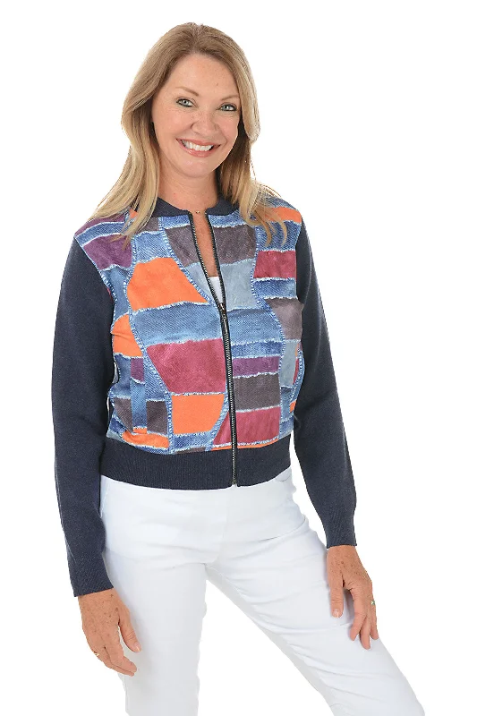 Trendy Women's Wear Collection Patchwork Zip Front Sweater Jacket