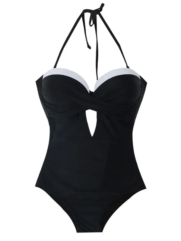 Holiday Gift Guide Sale Retro Black Halter Keyhole Swimsuit