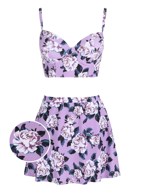 Women's Clothing Sale [Plus Size] Lavender Peony Retro Strap Swimsuit