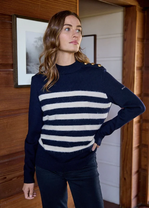 Elevate Your Wardrobe GALA - Striped Sweater With Shank Button Shoulder | 100% Textured Wool (NAVY / IVORY)