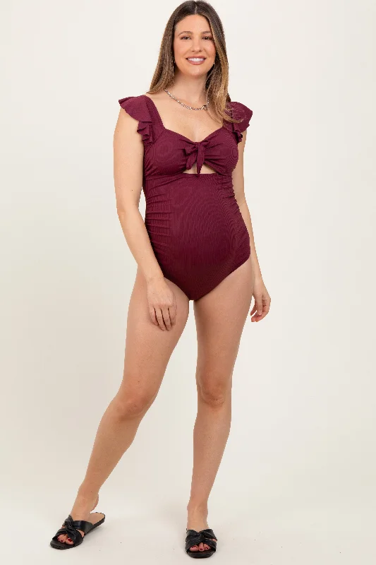 Special Offers Burgundy Ribbed Front Tie Cutout Ruched Maternity Swimsuit