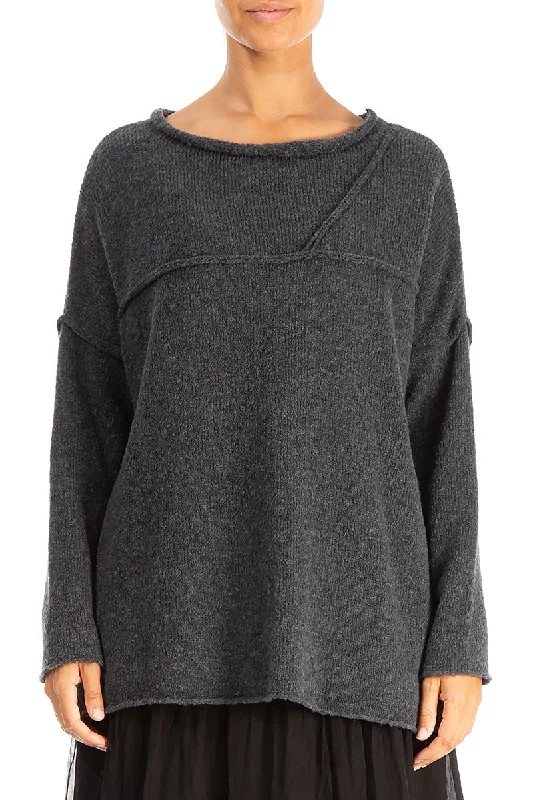 Trendy Outfits For Girls Asymmetrical Seams Dark Grey Wool Sweater