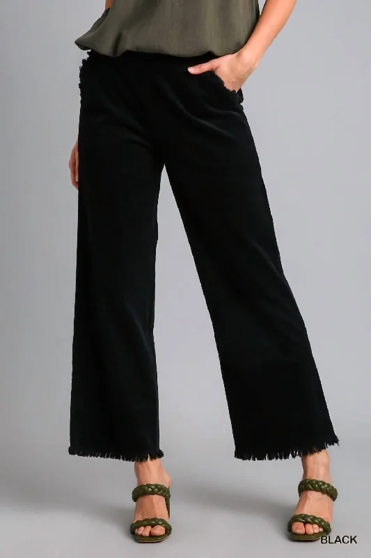 Affordable Fashion for Women Wide Leg Pant With Elastic Waist, Pockets, And Frayed Hem In Black