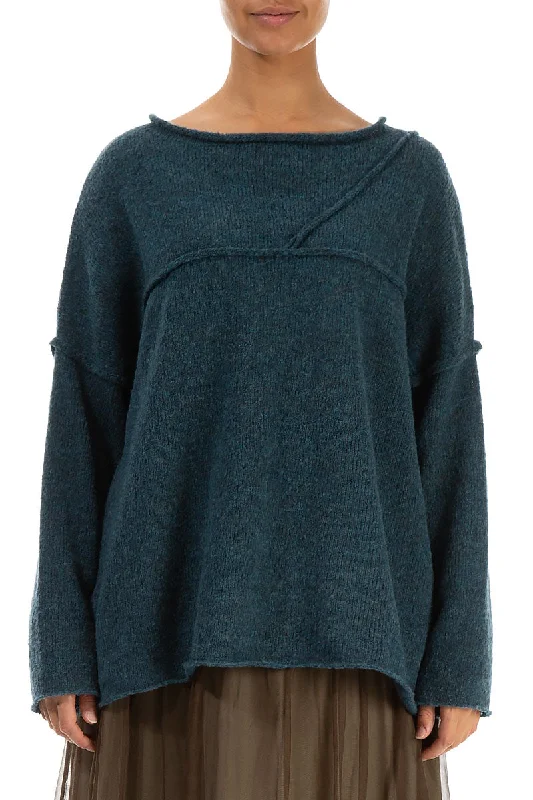 Edgy Fashion Asymmetrical Seams Teal Wool Sweater