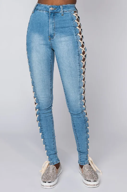 Dive Into Trendy Women's Fashion ROCK THE RUNWAY LACE UP SKINNY JEANS