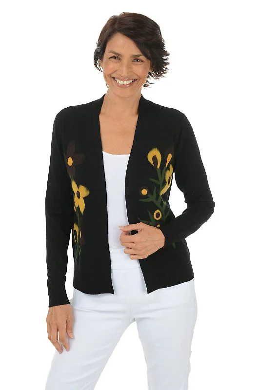 Chic & Cozy Collection Black Felted Flower Buds Open Cardigan