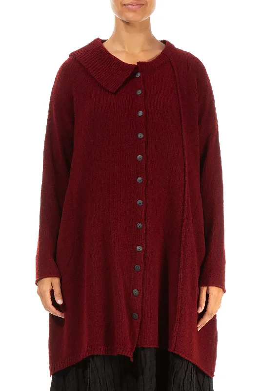 Classic Women’s Clothing Styles Asymmetrical Maroon Wool Cardigan