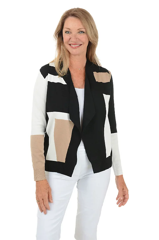 Classic Women's Fashion Tan Colorblock Cascade Open Front Cardigan