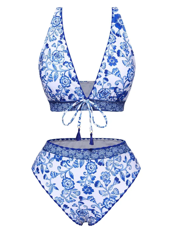 Latest Fashion for Women Blue 1970s Floral High-Waist Swimsuit