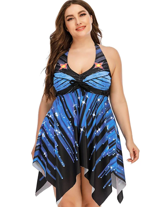 Flash Sale Now [Plus Size] Blue 1960s Halter One-Piece Skirt Swimsuit