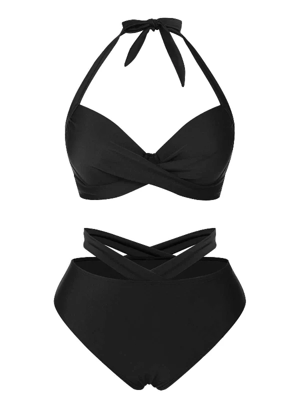 Timeless Elegance Black 1960s Halter Solid Swimsuit