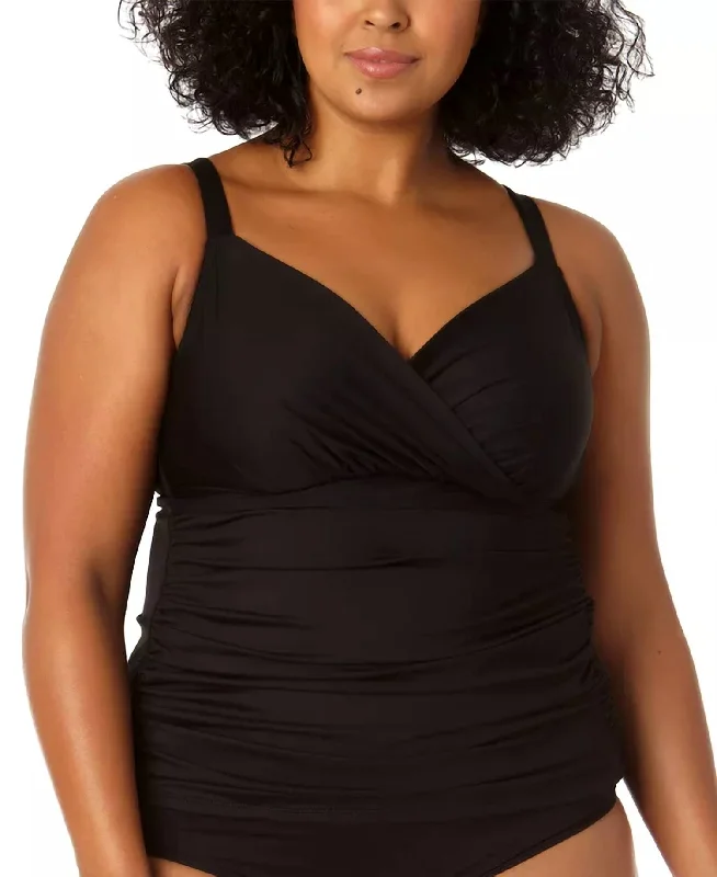 Trendy Women's Wear Surplice Neck Rushed Tankini Top In Black