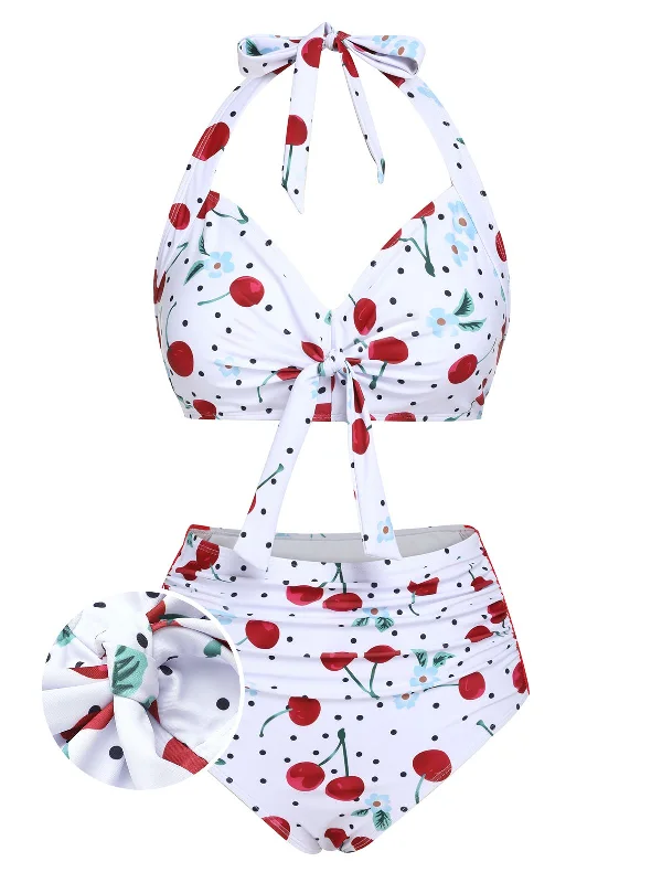 Trendy Street Style Clothing White 1950s Cherry Lace-Up Halter Swimsuit