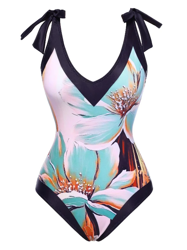 Women’s Clothes for All-Day Comfort and Style Blue 1950s Floral Patchwork Shoulder Tie Swimsuit