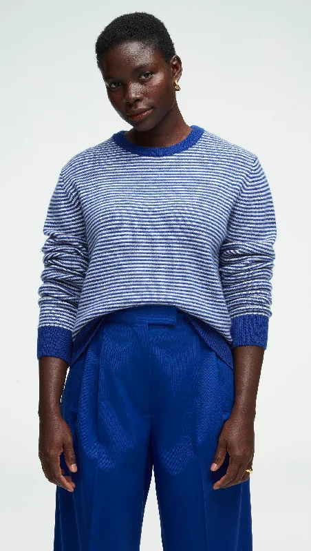 Weekend Exclusive Striped Crewneck Sweater in Wool-Cashmere | Ivory/Cobalt