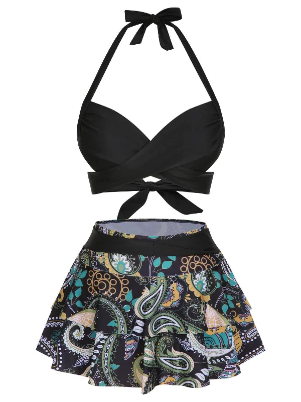 Discount Store 1950s Color Block Floral Halter Swimsuit