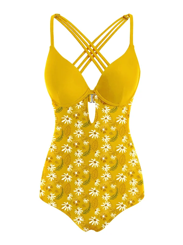 Sophisticated Women’s Fashion [US Warehouse] Yellow 1950s Daisy Patchwork Swimsuit