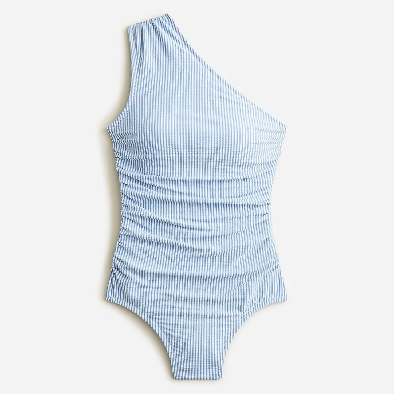 Preppy Style Ruched One-Shoulder One-Piece In Seersucker