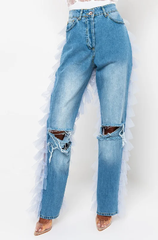 Eclectic Style Wardrobe PRETTY LADY DENIM JEANS WITH BACK RUFFLE TULLE TRIM LIGHT BLUE